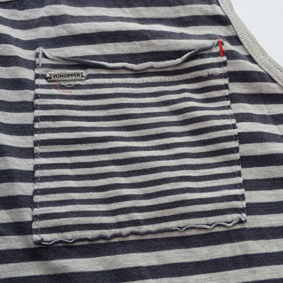 VonZipper Mens Gray Blue/Black Stripe Tank Top Size M Pocket Summer Cotton Blend - Picture 3 of 15